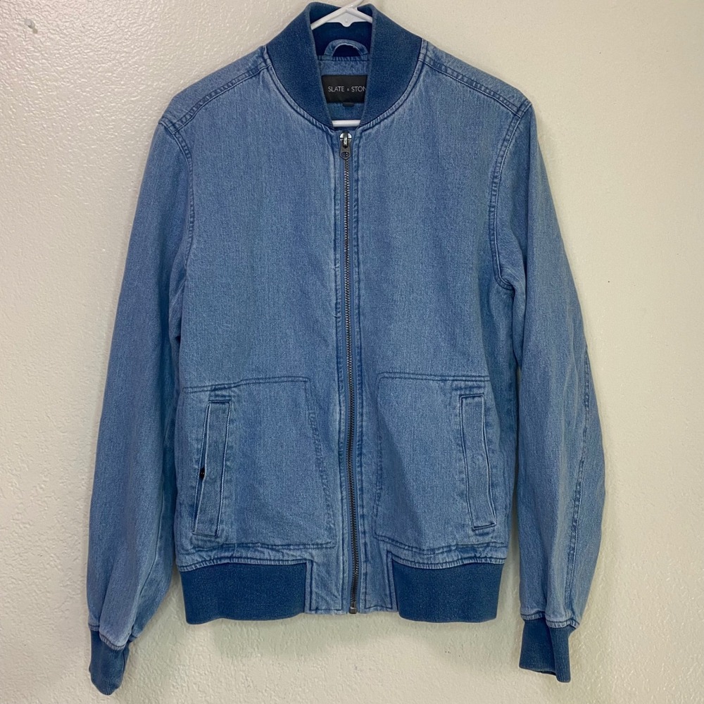 Slate & Stone Mens Denim Bomber Jacket Light Wash Blue Full Zip Cotton Size S